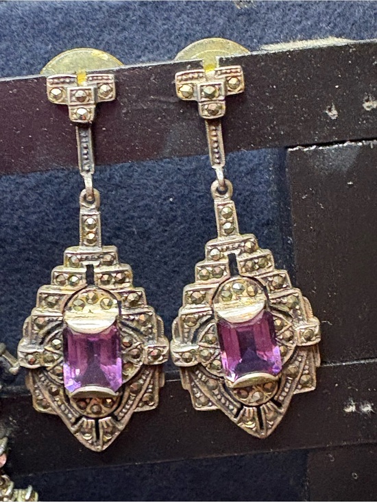 Jewelry - Art Deco Style Silver Drop Earrings with Purple Gemstones